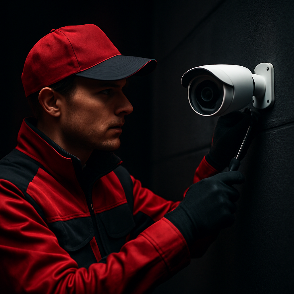 Security technician installing a professional CCTV surveillance camera